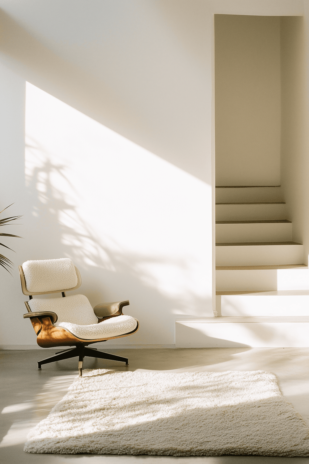 A sculptural lounge chair in a sunlit minimal interior with a soft wool rug