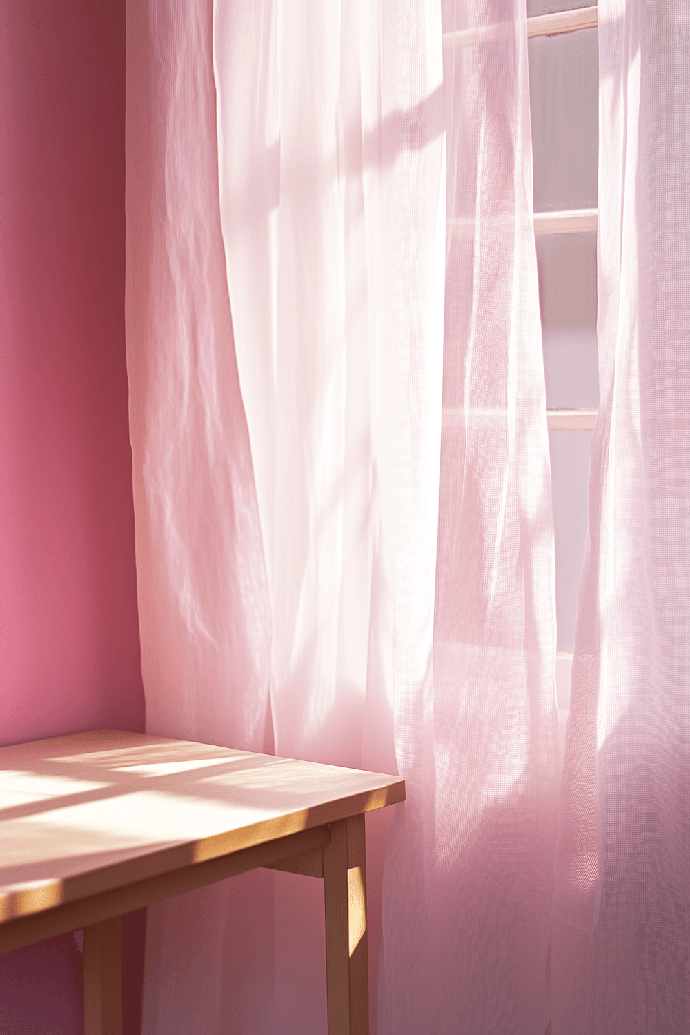 Late afternoon light falling through linen curtains onto a timber surface