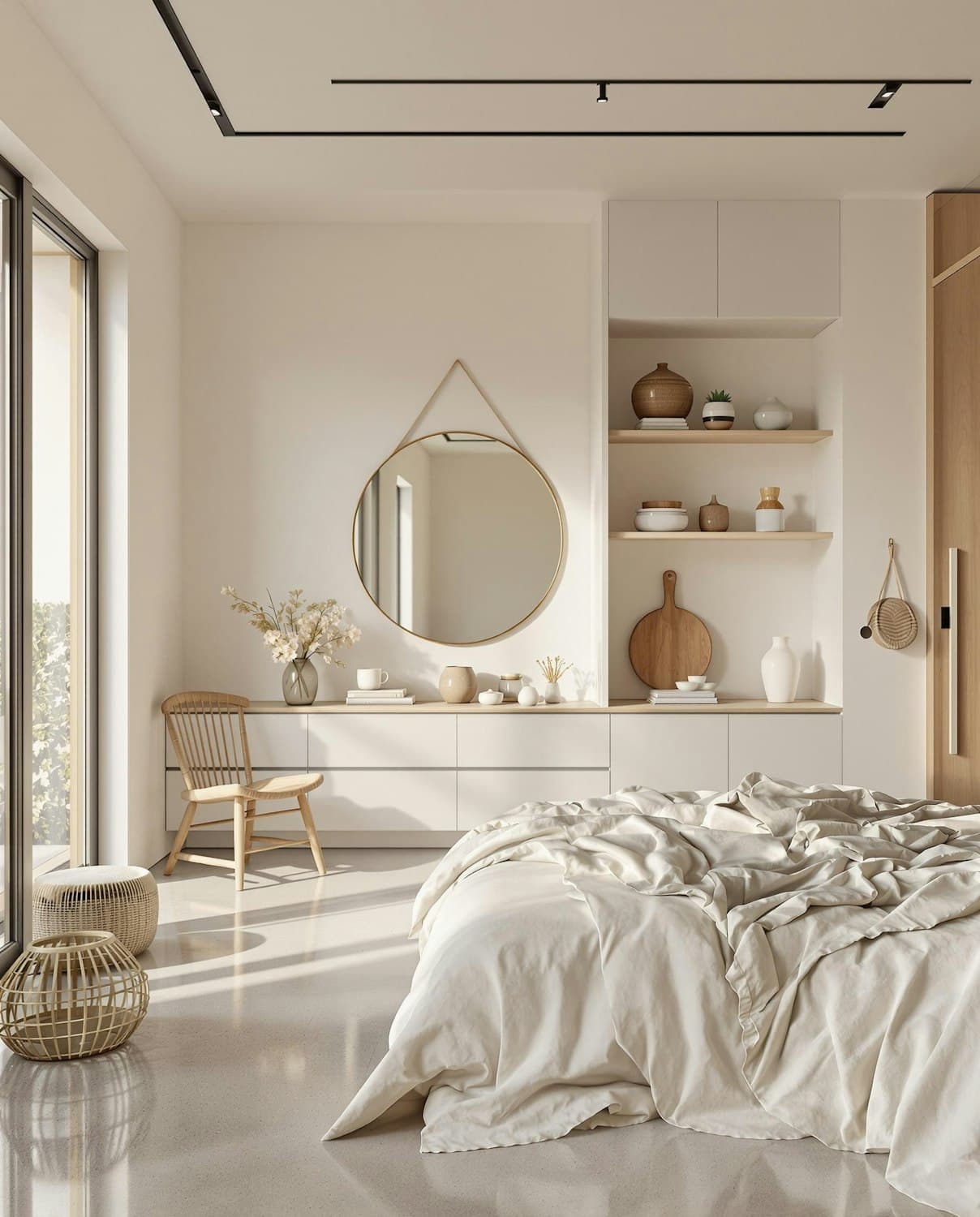 Minimalist platform bed with soft white bedding in a bright bedroom