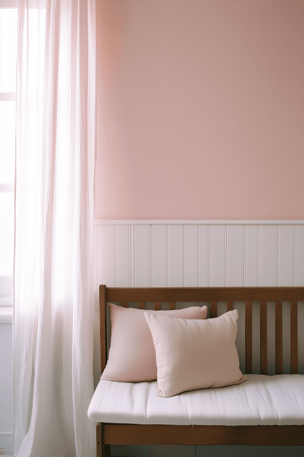 Minimal wooden bench with soft cushions against a panelled wall