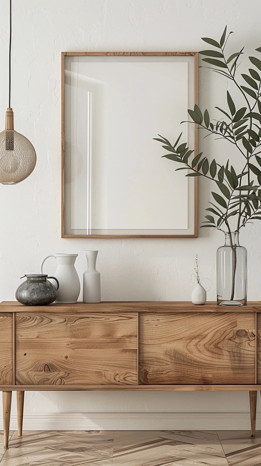 Modern walnut sideboard styled with vases and greenery on a herringbone floor