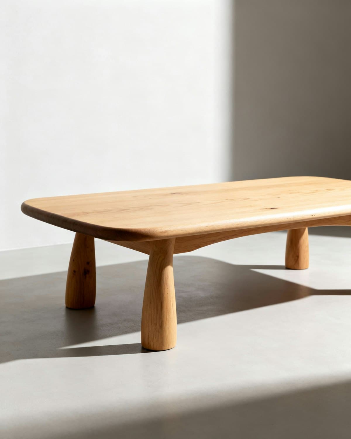 Rounded coffee table with tapered legs in a bright minimal room