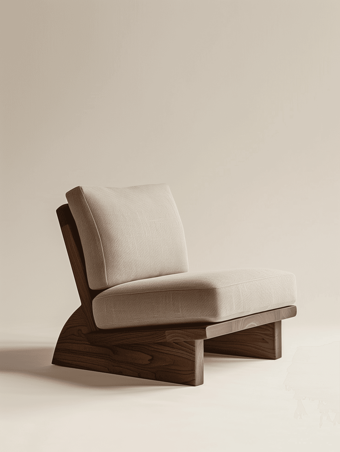 Low lounge chair with a dark stained wood base and oat boucle cushions