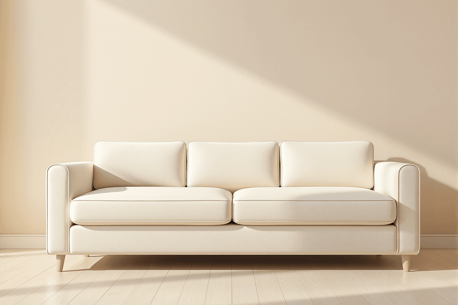 Cream linen three-seat sofa with solid oak legs against a warm plaster wall