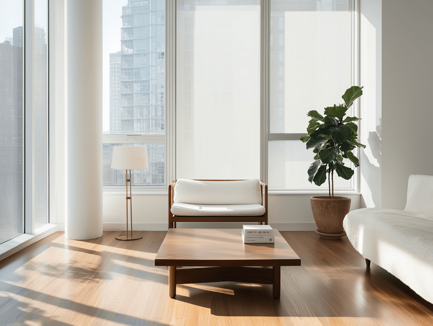 A bright, sparsely furnished living room with tall windows and a low timber table